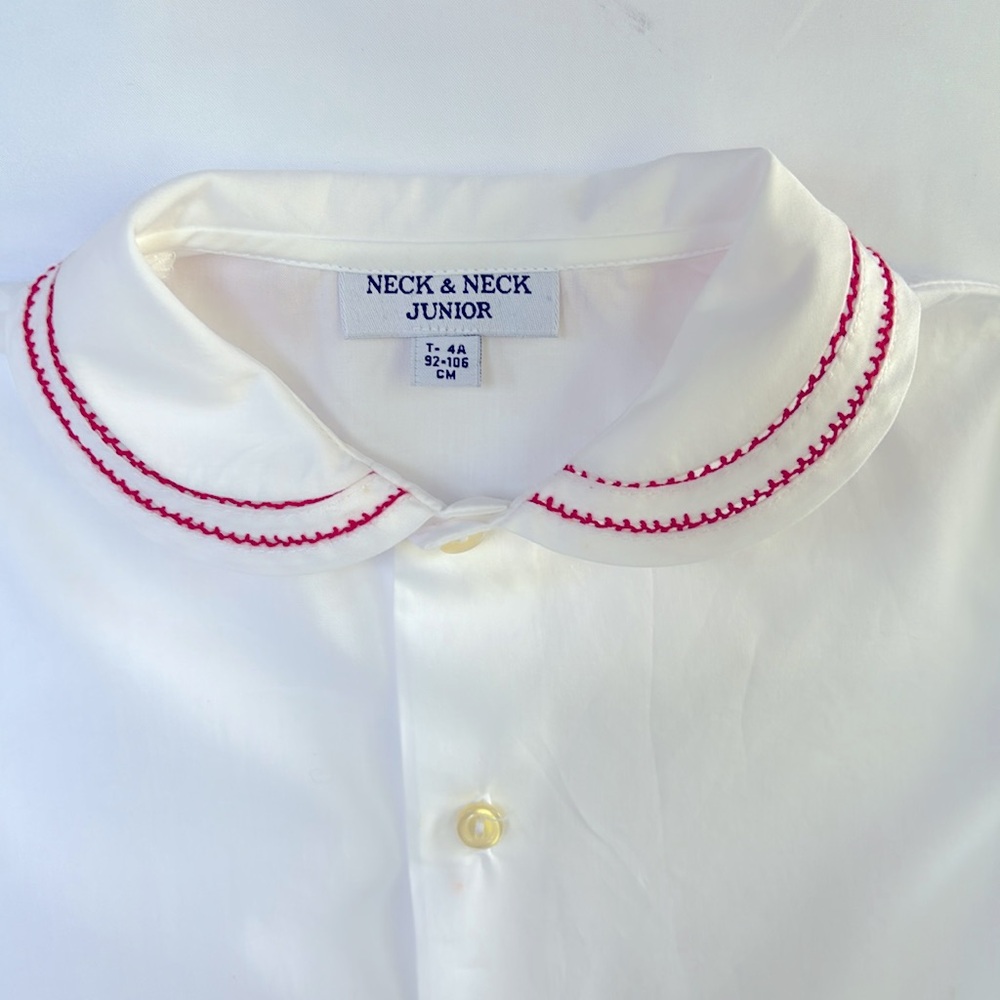 VINTAGE NWOT SPAIN NECK & NECK JUNIOR WHITE SHORT SLEEVE SHIRT RED TRIM 4TUNISEX - Picture 5 of 11